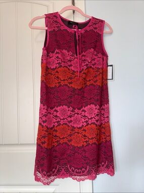 Juicy Couture Pink & Orange Floral Lace Midi Dress with Tie Neck